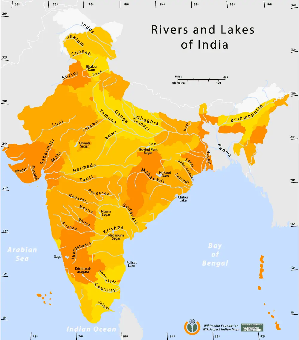 Rivers And Lakes Map of India