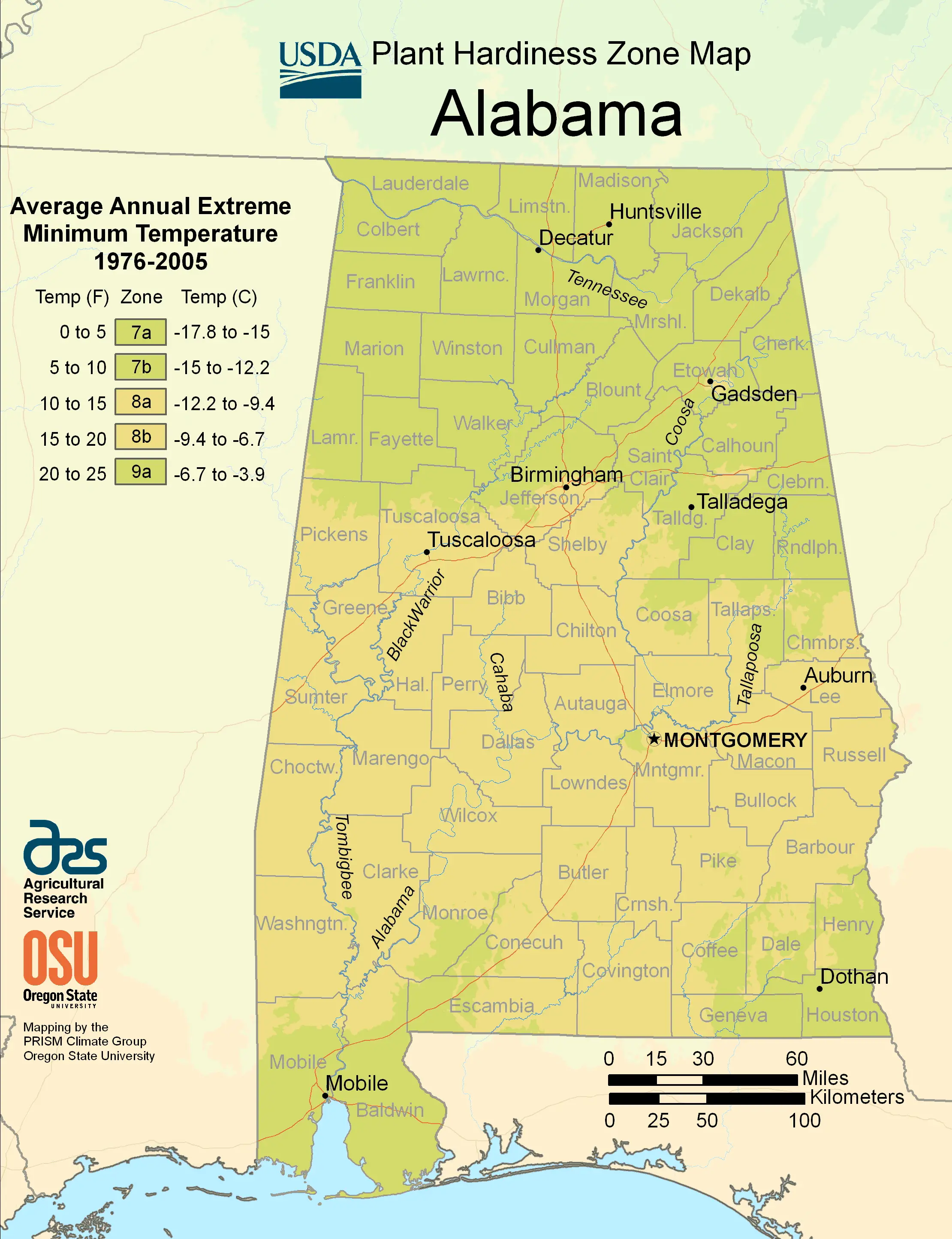 Alabama Plant Hardiness Zone Map