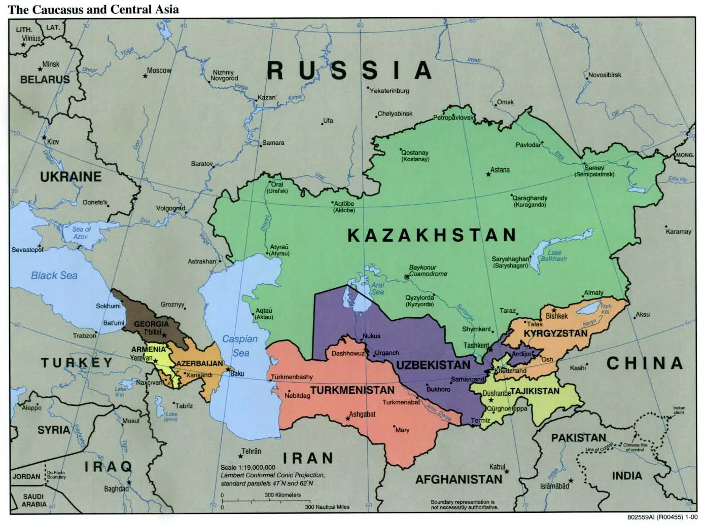 Caucasus Central Asia Political Map 2000