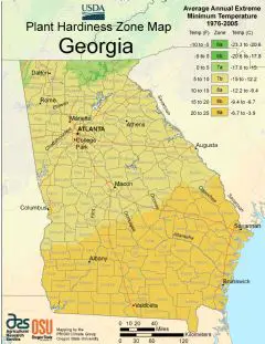 Georgia Plant Hardiness Zone Map