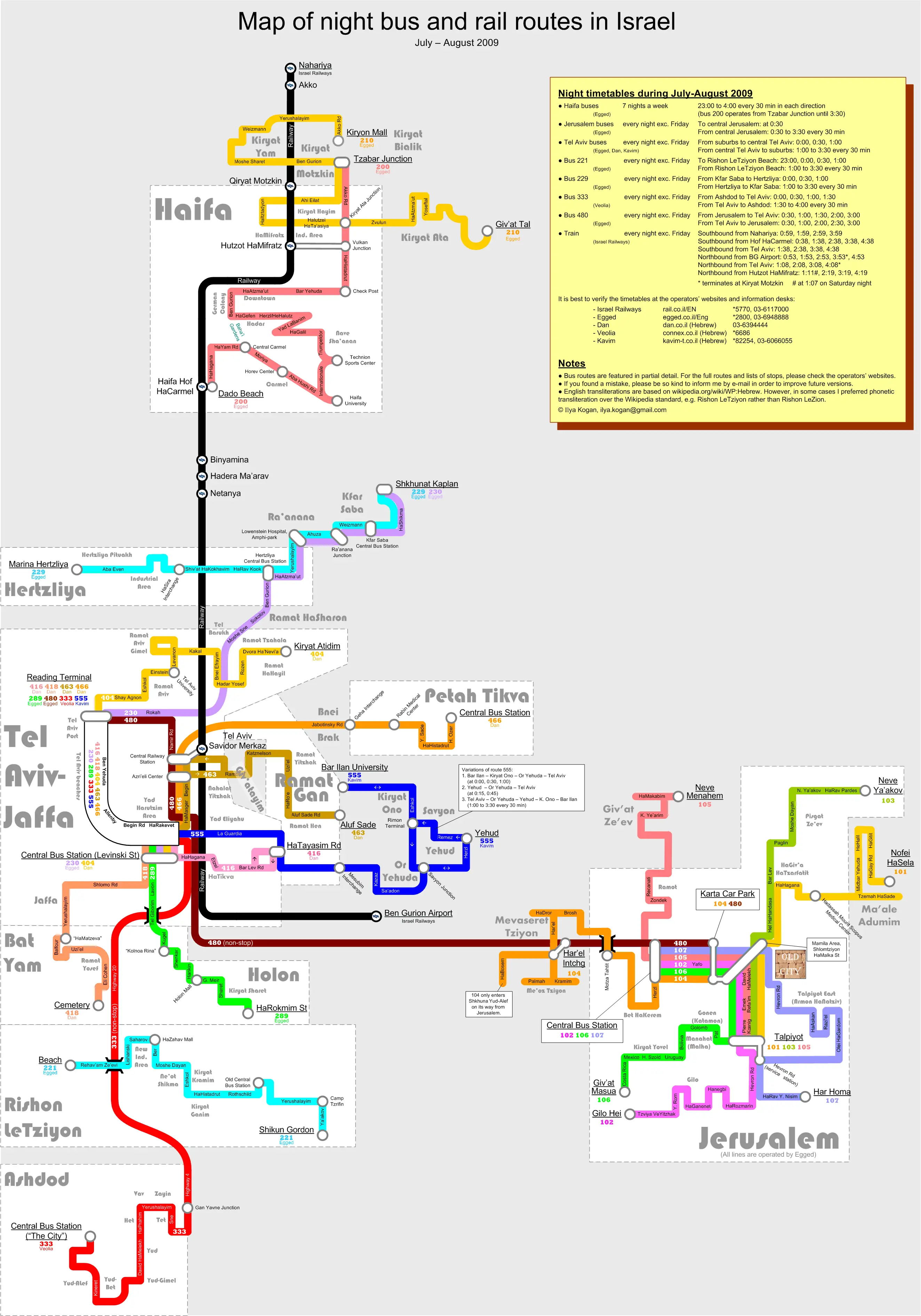 Map of Night Bus And Rail Routes In Israel