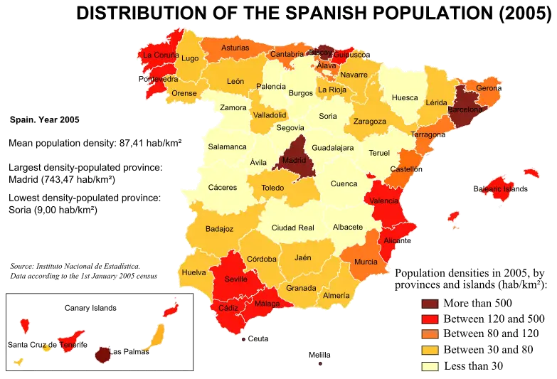Population Densities In Spain 2005