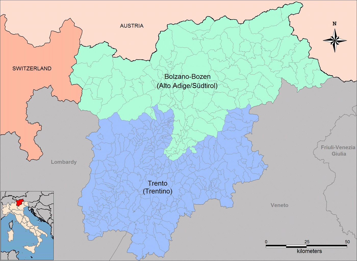 Provinces Map of Trentino Alto Adige