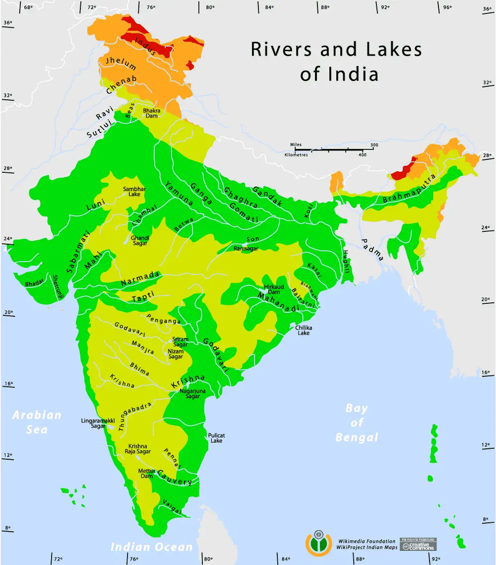 Rivers And Lakes Topo Map of India