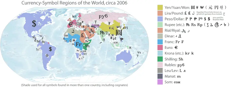 Currency Symbol Regions of the World Circa 2006