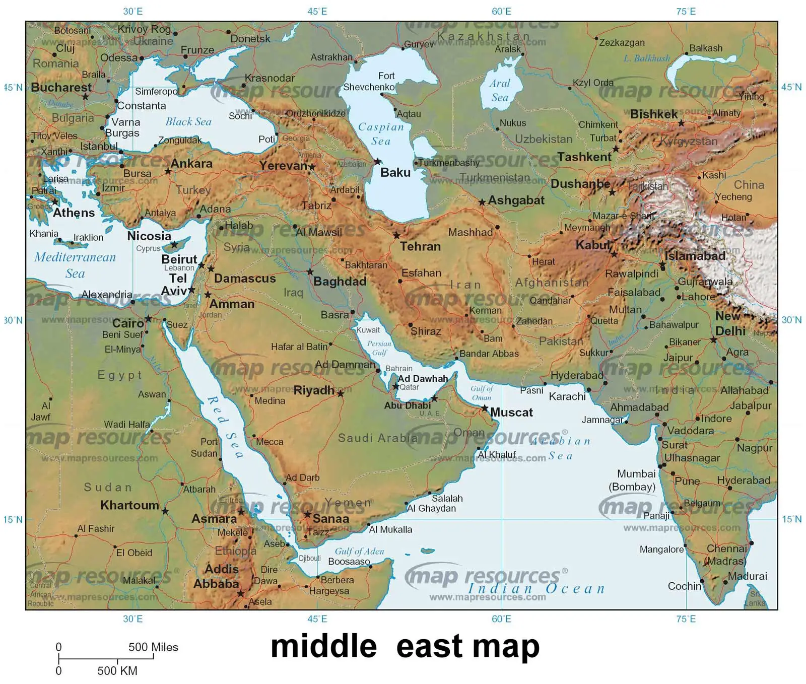 Middle East Physical Map Wall Map - vrogue.co