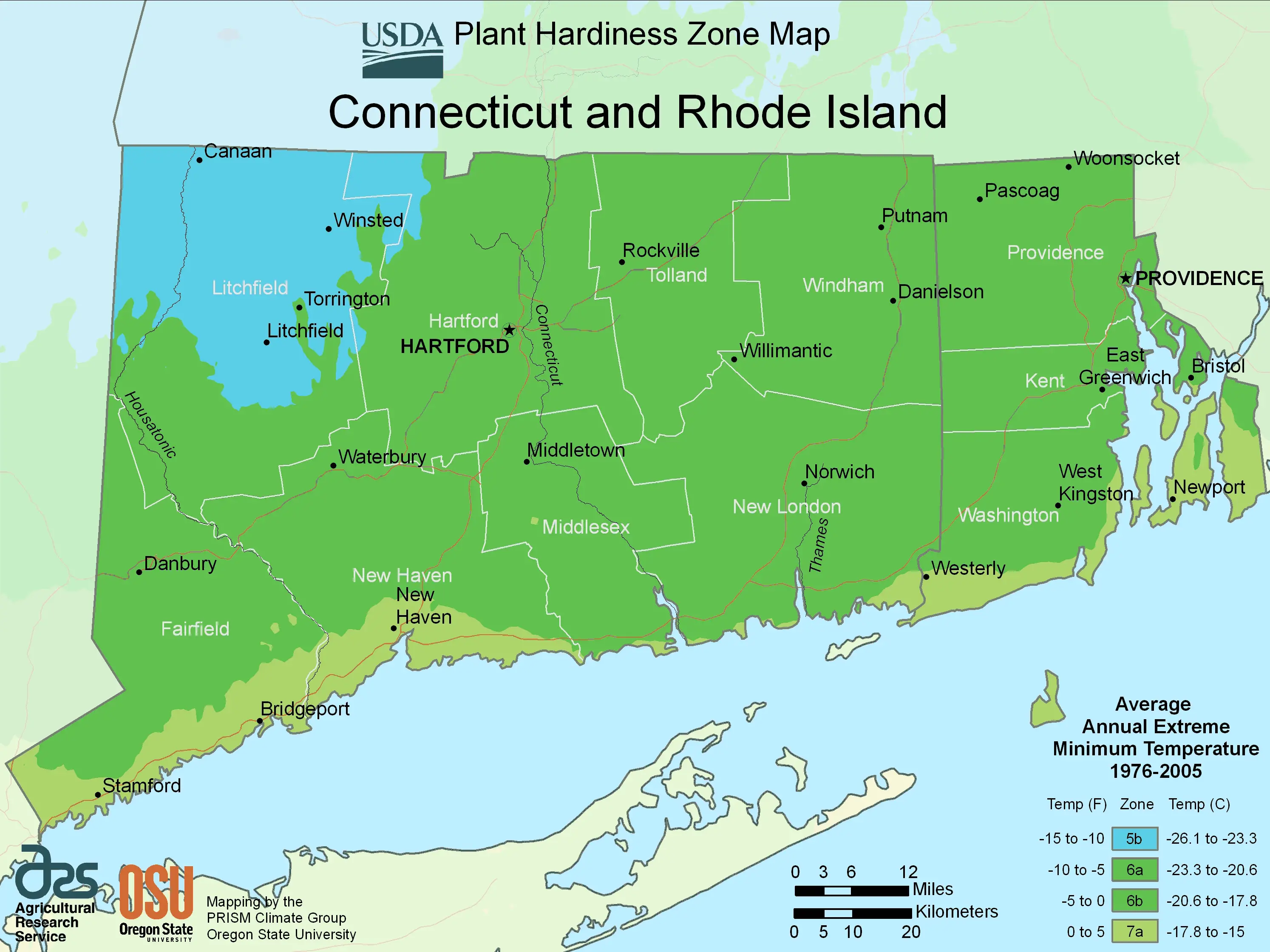 Rhode Island Plant Hardiness Zone Map
