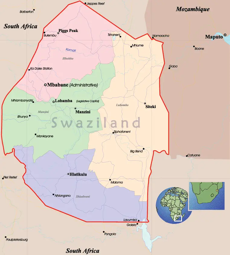 Свазиленд на карте. Страна Свазиленд где находится. Местоположения Свазиленд.