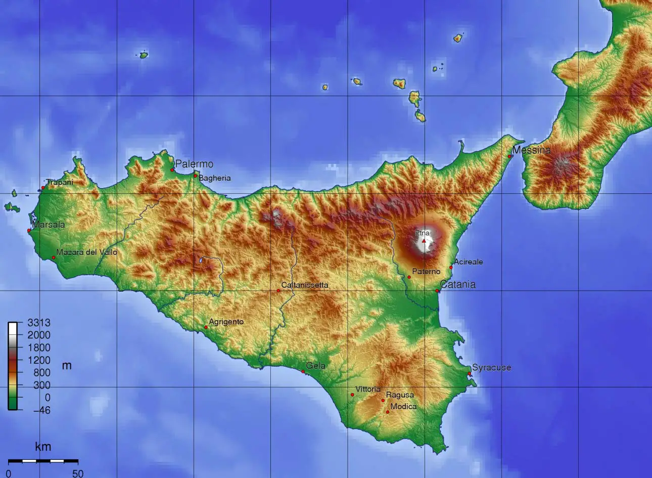 Topographic Map of Sicily