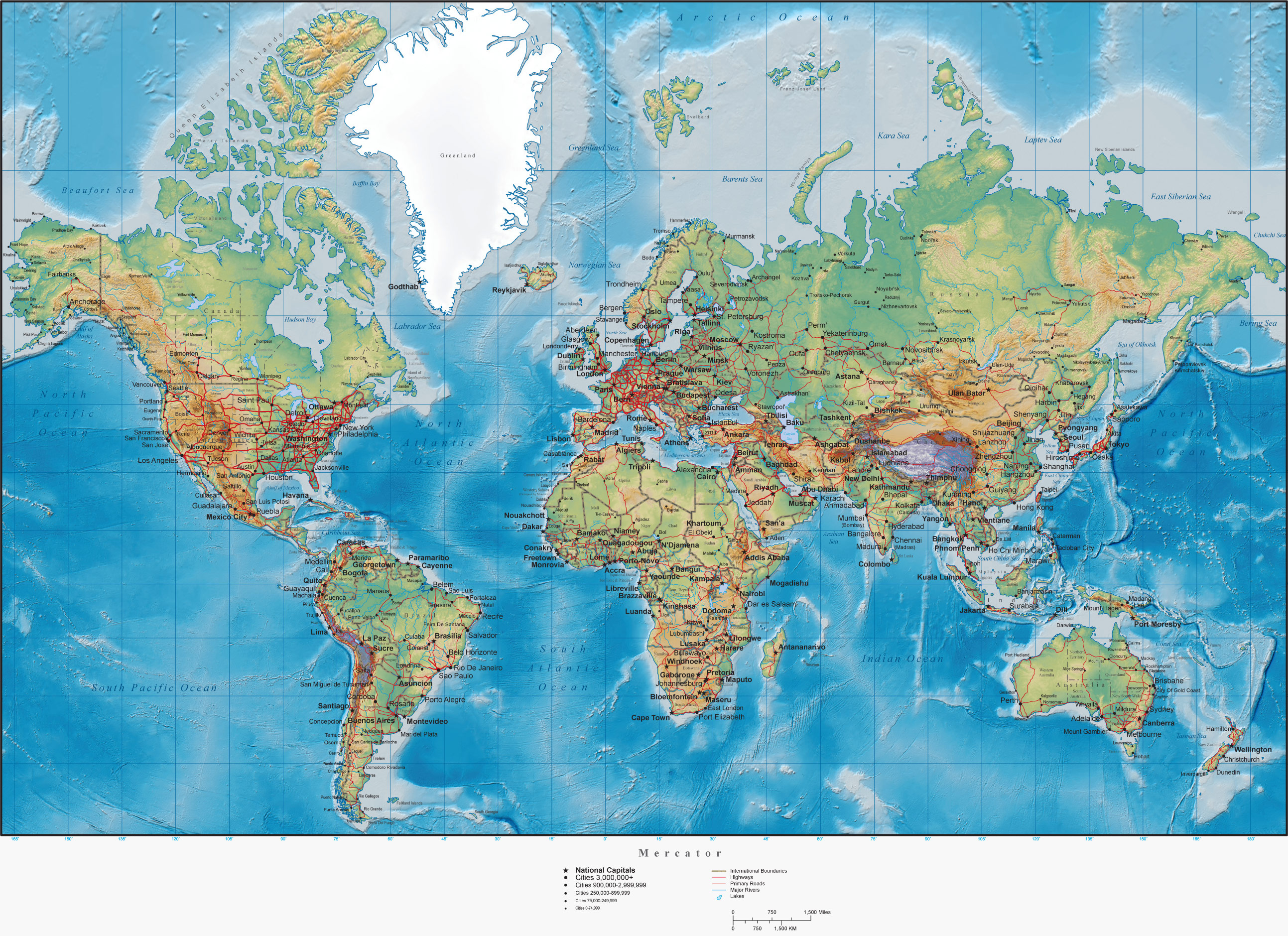 World Physical Map With Cities