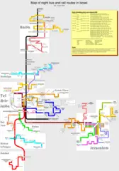 Map of Night Bus And Rail Routes In Israel