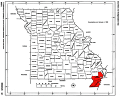 Map of Missouri Highlighting Bootheel